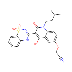 CC(C)CCn1c(=O)c(C2=NS(=O)(=O)c3ccccc3N2)c(O)c2cc(OCC#N)ccc21 ZINC000101077515