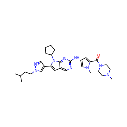 CC(C)CCn1cc(-c2cc3cnc(Nc4cc(C(=O)N5CCN(C)CC5)n(C)c4)nc3n2C2CCCC2)cn1 ZINC000084670125