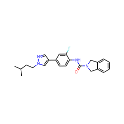 CC(C)CCn1cc(-c2ccc(NC(=O)N3Cc4ccccc4C3)c(F)c2)cn1 ZINC000167086435