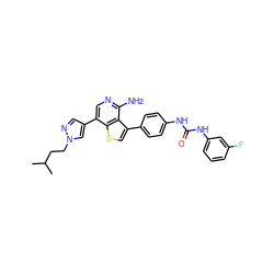 CC(C)CCn1cc(-c2cnc(N)c3c(-c4ccc(NC(=O)Nc5cccc(F)c5)cc4)csc23)cn1 ZINC000084616444