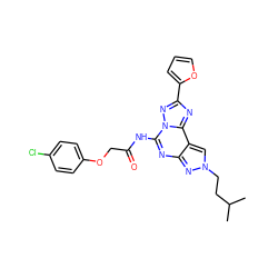 CC(C)CCn1cc2c(nc(NC(=O)COc3ccc(Cl)cc3)n3nc(-c4ccco4)nc23)n1 ZINC000045283573