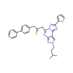 CC(C)CCn1cc2c(nc(NC(=O)Cc3ccc(-c4ccccc4)cc3)n3nc(-c4ccco4)nc23)n1 ZINC000045289157