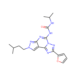 CC(C)CCn1cc2c(nc(NC(=O)NC(C)C)n3nc(-c4ccco4)nc23)n1 ZINC000013672052