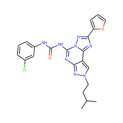 CC(C)CCn1cc2c(nc(NC(=O)Nc3cccc(Cl)c3)n3nc(-c4ccco4)nc23)n1 ZINC000013672033