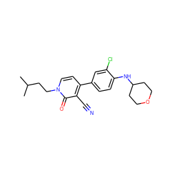 CC(C)CCn1ccc(-c2ccc(NC3CCOCC3)c(Cl)c2)c(C#N)c1=O ZINC000101507421