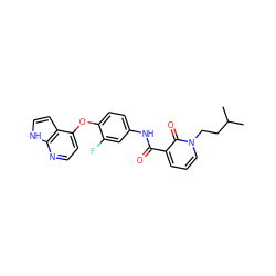 CC(C)CCn1cccc(C(=O)Nc2ccc(Oc3ccnc4[nH]ccc34)c(F)c2)c1=O ZINC000040835474