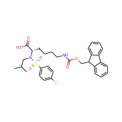 CC(C)CN([C@@H](CCCCNC(=O)OCC1c2ccccc2-c2ccccc21)C(=O)O)S(=O)(=O)c1ccc(F)cc1 ZINC000014946773