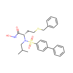 CC(C)CN([C@@H](CCSCc1ccccc1)C(=O)NO)S(=O)(=O)c1ccc(-c2ccccc2)cc1 ZINC000003820612