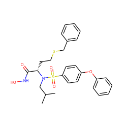 CC(C)CN([C@@H](CCSCc1ccccc1)C(=O)NO)S(=O)(=O)c1ccc(Oc2ccccc2)cc1 ZINC000013864004