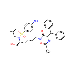 CC(C)CN([C@H](CO)CCCCNC(=O)[C@@H](NC(=O)C1CC1)C(c1ccccc1)c1ccccc1)S(=O)(=O)c1ccc(N)cc1 ZINC000014947144