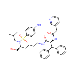 CC(C)CN([C@H](CO)CCCCNC(=O)[C@@H](NC(=O)Cc1cccnc1)C(c1ccccc1)c1ccccc1)S(=O)(=O)c1ccc(N)cc1 ZINC000049776386