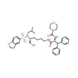 CC(C)CN([C@H](CO)CCCCNC(=O)[C@@H](NC(=O)N1CCOCC1)C(c1ccccc1)c1ccccc1)S(=O)(=O)c1ccc2c(c1)CCO2 ZINC000169702542