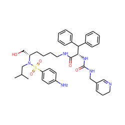 CC(C)CN([C@H](CO)CCCCNC(=O)[C@@H](NC(=O)NCC1=CCCN=C1)C(c1ccccc1)c1ccccc1)S(=O)(=O)c1ccc(N)cc1 ZINC000169702516