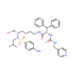 CC(C)CN([C@H](CO)CCCCNC(=O)[C@@H](NC(=O)NCc1ccncc1)C(c1ccccc1)c1ccccc1)S(=O)(=O)c1ccc(N)cc1 ZINC000169702517