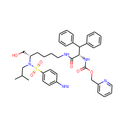 CC(C)CN([C@H](CO)CCCCNC(=O)[C@@H](NC(=O)OCc1ccccn1)C(c1ccccc1)c1ccccc1)S(=O)(=O)c1ccc(N)cc1 ZINC000049938407