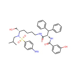 CC(C)CN([C@H](CO)CCCCNC(=O)[C@@H](NC(=O)c1cccc(O)c1)C(c1ccccc1)c1ccccc1)S(=O)(=O)c1ccc(N)cc1 ZINC000049778151