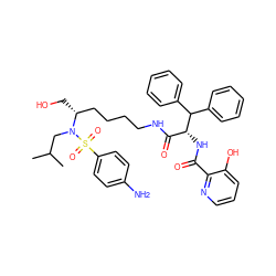 CC(C)CN([C@H](CO)CCCCNC(=O)[C@@H](NC(=O)c1ncccc1O)C(c1ccccc1)c1ccccc1)S(=O)(=O)c1ccc(N)cc1 ZINC000049938337