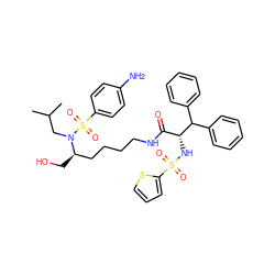 CC(C)CN([C@H](CO)CCCCNC(=O)[C@@H](NS(=O)(=O)c1cccs1)C(c1ccccc1)c1ccccc1)S(=O)(=O)c1ccc(N)cc1 ZINC000169702513