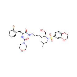 CC(C)CN([C@H](CO)CCCCNC(=O)[C@H](CC1=C(Br)CCC=C1)NC(=O)N1CCOCC1)S(=O)(=O)c1ccc2c(c1)OCCO2 ZINC000169702539