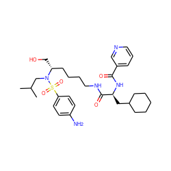 CC(C)CN([C@H](CO)CCCCNC(=O)[C@H](CC1CCCCC1)NC(=O)c1cccnc1)S(=O)(=O)c1ccc(N)cc1 ZINC000138714779