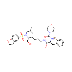 CC(C)CN([C@H](CO)CCCCNC(=O)[C@H](Cc1ccccc1Br)NC(=O)N1CCOCC1)S(=O)(=O)c1ccc2c(c1)CCO2 ZINC000169702538