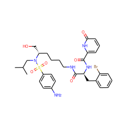 CC(C)CN([C@H](CO)CCCCNC(=O)[C@H](Cc1ccccc1Br)NC(=O)c1cccc(=O)[nH]1)S(=O)(=O)c1ccc(N)cc1 ZINC000169702535