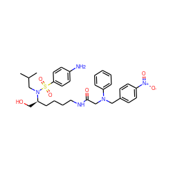 CC(C)CN([C@H](CO)CCCCNC(=O)CN(Cc1ccc([N+](=O)[O-])cc1)c1ccccc1)S(=O)(=O)c1ccc(N)cc1 ZINC000014946728