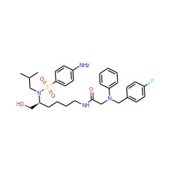 CC(C)CN([C@H](CO)CCCCNC(=O)CN(Cc1ccc(F)cc1)c1ccccc1)S(=O)(=O)c1ccc(N)cc1 ZINC000014946734