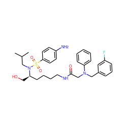 CC(C)CN([C@H](CO)CCCCNC(=O)CN(Cc1cccc(F)c1)c1ccccc1)S(=O)(=O)c1ccc(N)cc1 ZINC000014946735