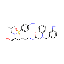 CC(C)CN([C@H](CO)CCCCNC(=O)CN(Cc1cccc(N)c1)c1ccccc1)S(=O)(=O)c1ccc(N)cc1 ZINC000014946737