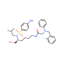 CC(C)CN([C@H](CO)CCCCNC(=O)CN(Cc1ccccc1F)c1ccccc1)S(=O)(=O)c1ccc(N)cc1 ZINC000014946733