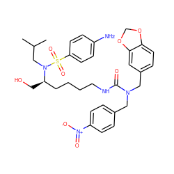 CC(C)CN([C@H](CO)CCCCNC(=O)N(Cc1ccc([N+](=O)[O-])cc1)Cc1ccc2c(c1)OCO2)S(=O)(=O)c1ccc(N)cc1 ZINC000028352004