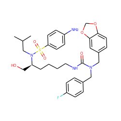 CC(C)CN([C@H](CO)CCCCNC(=O)N(Cc1ccc(F)cc1)Cc1ccc2c(c1)OCO2)S(=O)(=O)c1ccc(N)cc1 ZINC000003988766