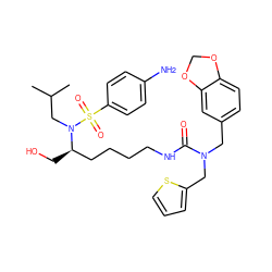 CC(C)CN([C@H](CO)CCCCNC(=O)N(Cc1ccc2c(c1)OCO2)Cc1cccs1)S(=O)(=O)c1ccc(N)cc1 ZINC000014946752