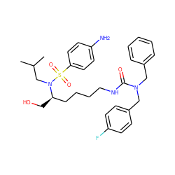 CC(C)CN([C@H](CO)CCCCNC(=O)N(Cc1ccccc1)Cc1ccc(F)cc1)S(=O)(=O)c1ccc(N)cc1 ZINC000014946751