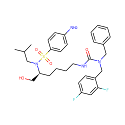 CC(C)CN([C@H](CO)CCCCNC(=O)N(Cc1ccccc1)Cc1ccc(F)cc1F)S(=O)(=O)c1ccc(N)cc1 ZINC000014946750