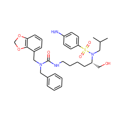 CC(C)CN([C@H](CO)CCCCNC(=O)N(Cc1ccccc1)Cc1cccc2c1OCO2)S(=O)(=O)c1ccc(N)cc1 ZINC000014946749