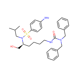 CC(C)CN([C@H](CO)CCCCNC(=O)N(Cc1ccccc1)Cc1ccccc1)S(=O)(=O)c1ccc(N)cc1 ZINC000014946745