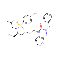 CC(C)CN([C@H](CO)CCCCNC(=O)N(Cc1ccccc1)Cc1cccnc1)S(=O)(=O)c1ccc(N)cc1 ZINC000014946746