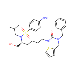 CC(C)CN([C@H](CO)CCCCNC(=O)N(Cc1ccccc1)Cc1cccs1)S(=O)(=O)c1ccc(N)cc1 ZINC000014946748