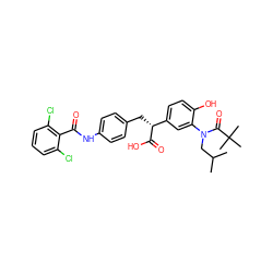 CC(C)CN(C(=O)C(C)(C)C)c1cc([C@@H](Cc2ccc(NC(=O)c3c(Cl)cccc3Cl)cc2)C(=O)O)ccc1O ZINC000028347374