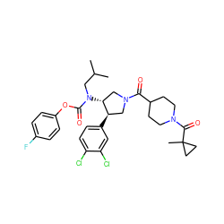 CC(C)CN(C(=O)Oc1ccc(F)cc1)[C@@H]1CN(C(=O)C2CCN(C(=O)C3(C)CC3)CC2)C[C@H]1c1ccc(Cl)c(Cl)c1 ZINC000117716271