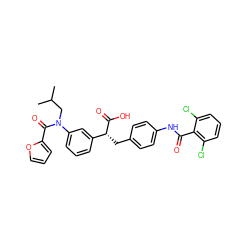 CC(C)CN(C(=O)c1ccco1)c1cccc([C@@H](Cc2ccc(NC(=O)c3c(Cl)cccc3Cl)cc2)C(=O)O)c1 ZINC000028132449