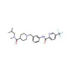 CC(C)CN(C)C(=O)C1CCN(Cc2cccc(NC(=O)c3ccc(C(F)(F)F)cn3)c2)CC1 ZINC000210645152