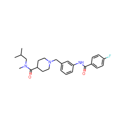 CC(C)CN(C)C(=O)C1CCN(Cc2cccc(NC(=O)c3ccc(F)cc3)c2)CC1 ZINC001772628190