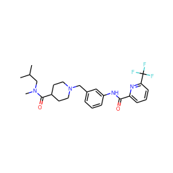 CC(C)CN(C)C(=O)C1CCN(Cc2cccc(NC(=O)c3cccc(C(F)(F)F)n3)c2)CC1 ZINC001772592609