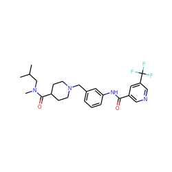 CC(C)CN(C)C(=O)C1CCN(Cc2cccc(NC(=O)c3cncc(C(F)(F)F)c3)c2)CC1 ZINC001772636265