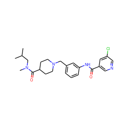 CC(C)CN(C)C(=O)C1CCN(Cc2cccc(NC(=O)c3cncc(Cl)c3)c2)CC1 ZINC001772597785