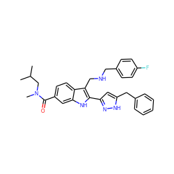 CC(C)CN(C)C(=O)c1ccc2c(CNCc3ccc(F)cc3)c(-c3cc(Cc4ccccc4)[nH]n3)[nH]c2c1 ZINC000049808304