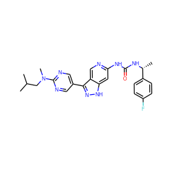 CC(C)CN(C)c1ncc(-c2n[nH]c3cc(NC(=O)N[C@H](C)c4ccc(F)cc4)ncc23)cn1 ZINC000219759648